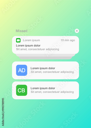 A clean user interface featuring rounded notification cards, message alerts, and stacked app alerts on a soft green and yellow gradient background.