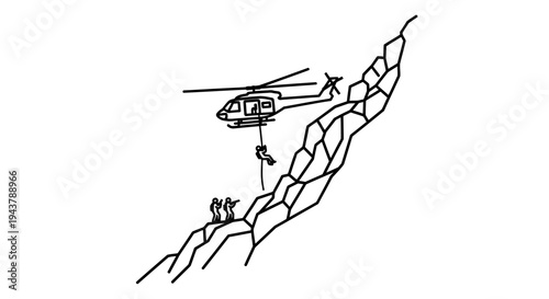 Helicopter rescue mission on a steep mountain cliff, person being airlifted, emergency services
