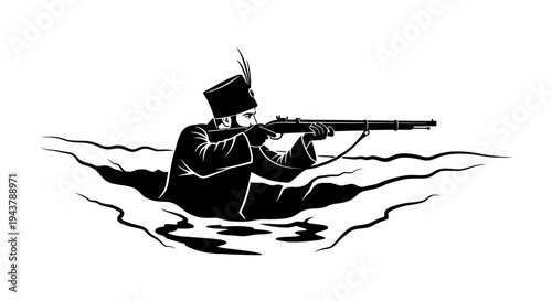 Hunter in historical uniform aiming rifle from trench, black and white illustration
