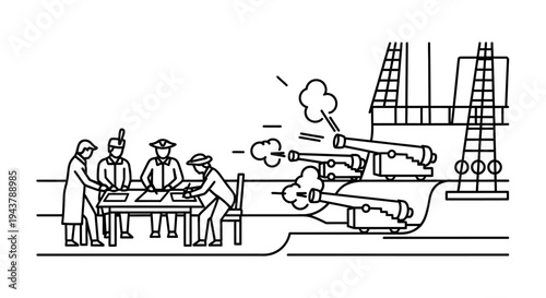 Historical Naval Battle Scene: Signing Treaty Amidst Cannon Fire