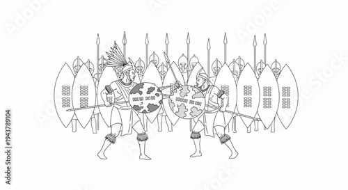 Maasai Warriors with Shields and Spears in Tribal Battle Stance, African Culture