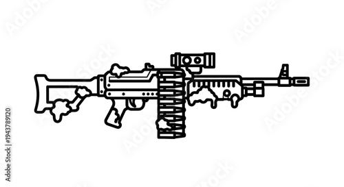 Line Art Machine Gun Icon with Ammo Belt and Scope