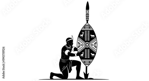 Maasai Warrior Kneeling with Spear and Shield, Traditional African Culture, Tribal Art