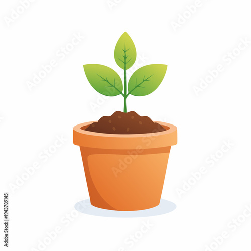 Illustrative concept of a vibrant green seedling flourishing in a classic terracotta pot, symbolizing new beginnings, sustainable growth, and the nurturing of natural life