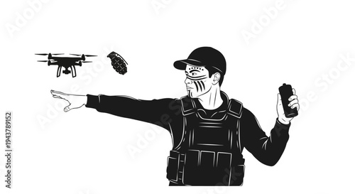 Man with Drone and Grenade, Surveillance, Warfare, Technology, Protest