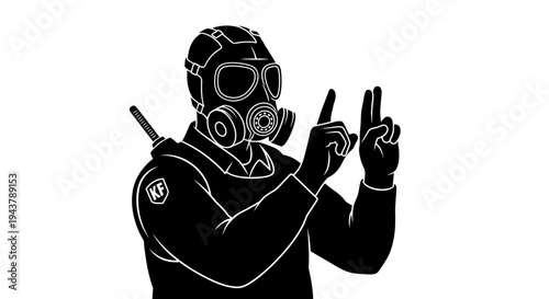 Man in Gas Mask and Hazmat Suit with Radio, Gesturing Peace Sign