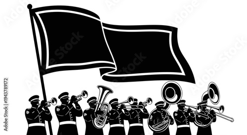 Marching Band Performing with Large Black Flag Silhouette