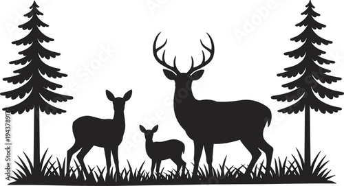 Deer Family Silhouette in Forest Landscape with Trees and Grass illustration
