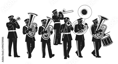 Marching Band Silhouette: Musicians Playing Brass Instruments in Uniform