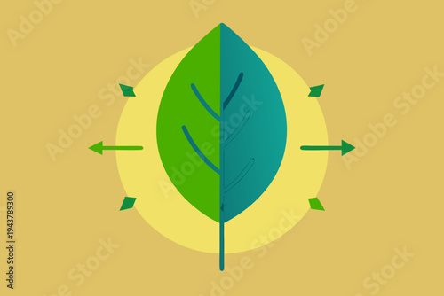 Green and Blue Leaf with Arrows on Yellow Background