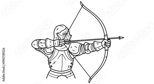 Medieval Knight Archer Aiming Bow and Arrow, Historical Warrior Illustration