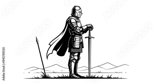 Medieval Knight in Full Armor Standing with Sword and Spear in a Field