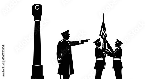 Military Ceremony: Officer Directs Flag Raising with Cannon Barrel