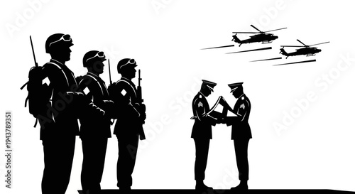 Military Ceremony: Soldiers Salute as Helicopters Fly Overhead