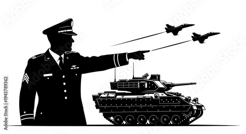 Military Commander Directing Air and Ground Forces: Tank and Fighter Jets