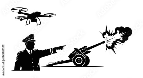 Military commander directing drone and cannon firing, symbolizing modern warfare strategy