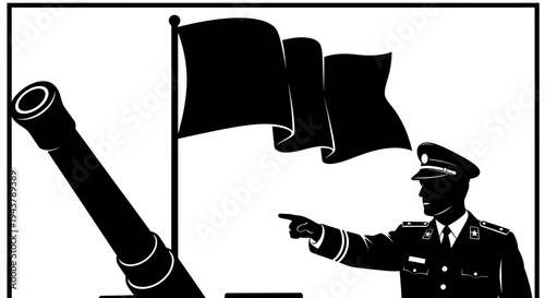 Military Commander Directs Artillery Fire with Waving Flag and Cannon