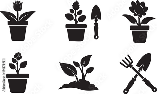 Black silhouette of potted plants and gardening tools black silhouettes plant silhouettes
