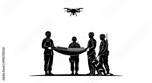 Military drone flies over soldiers carrying a casket draped with a flag.