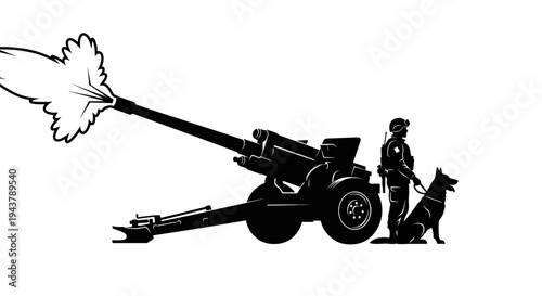Military Dog Handler and Artillery Cannon Firing Silhouette