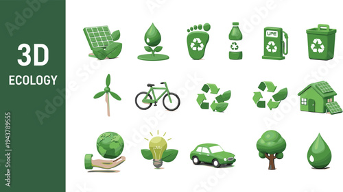 3D ecology icon set with recycling symbols, electric car, solar panel, green energy and sustainable environment elements vector