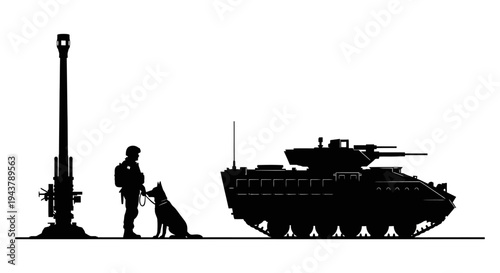 Military Equipment Comparison: Artillery, Soldier, Dog, and Armored Vehicle Silhouette