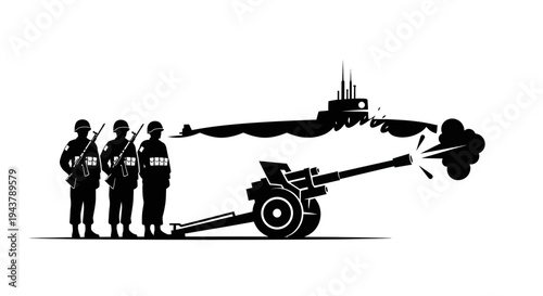 Military forces, artillery firing, and submarine in silhouette