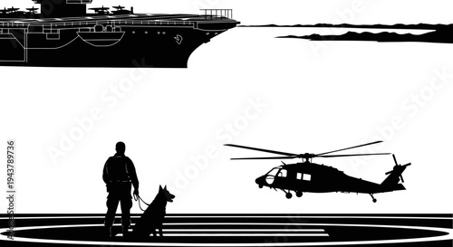 Military helicopter landing near aircraft carrier with security guard and dog