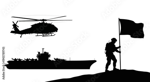 Military Helicopter, Aircraft Carrier, Soldier Raising Flag Silhouette on Hilltop