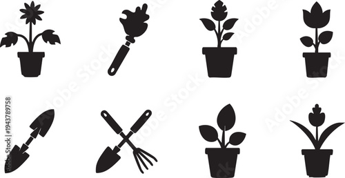 Black silhouette of potted plants and gardening tools on white background black silhouettes