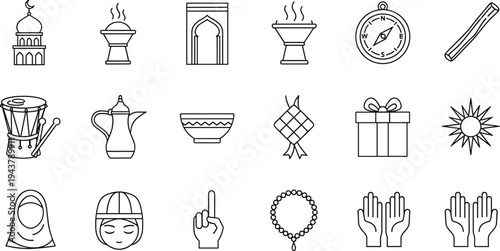 Islamic Ramadan outline icon set with mosque, lantern, compass, prayer hands, drum and traditional religious symbols vector collection