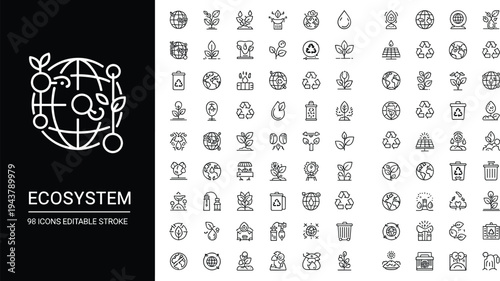 Ecosystem and environmental line icon set with sustainability, recycling, renewable energy and nature conservation symbols vector collection