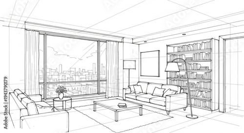 Modern Living Room Interior with Large Windows and Cozy Furniture.