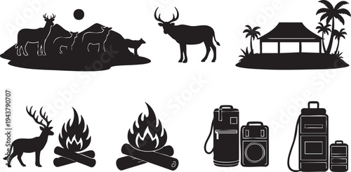 Black silhouette safari on white background including animals travel and camping safari black silhouettes