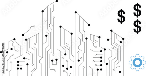 Abstract Circuit Board Cityscape with Dollar Signs and Gear Icon on White Background Keywords: circuit board, cityscape