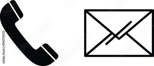 Black Silhouette Icons of Telephone Handset and Envelope on White Background Keywords: telephone, handset, receiver