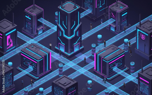 Futuristic isometric digital city with glowing neon pathways connecting high-tech server buildings, illustrating a complex network of advanced technology and data flow