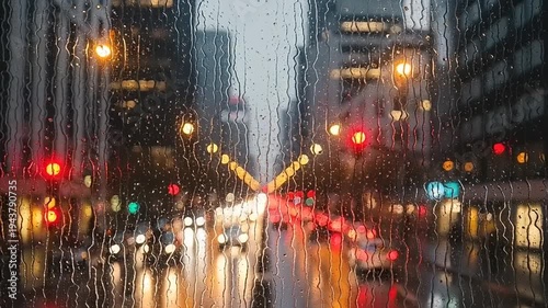 rainy city street at night with traffic lights