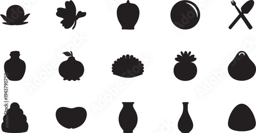 Black silhouette shapes of food and household on white background black silhouettes food household shapes