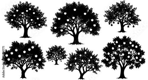 Collection of Silhouetted Fruit Trees: Apples and Pears
