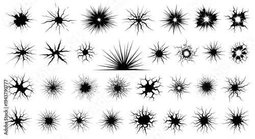 Explosion Crack Effect Set - Black Starbursts and Cracks on White Background