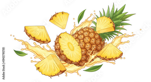 Fresh Pineapple Slices and Juice Splash, Tropical Fruit Explosion