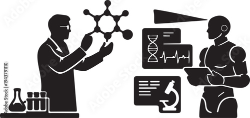 Human Scientist and AI Robot Analyzing Molecular Structure Research Collaboration Silhouette