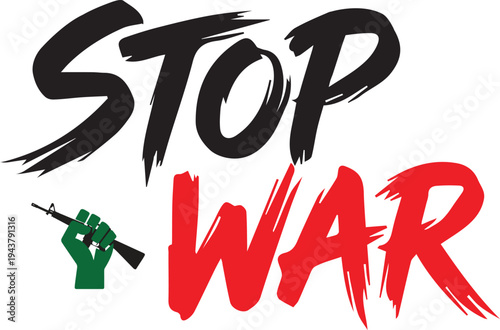 Stop War typography t-shirt design with brush stroke font and peace symbol