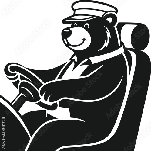 Happy bear driver wearing cap driving car holding steering wheel black and white vector mascot illustration for transportation and delivery