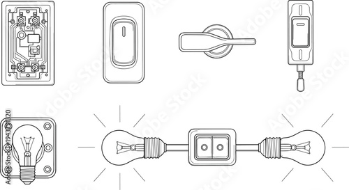 Electrical switch and lighting components line illustration set showing wiring mechanisms, wall switches, bulbs, and modern electrical hardware details