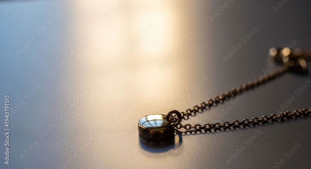 Fototapeta premium A gold pendant necklace rests on a smooth surface with sunlit background