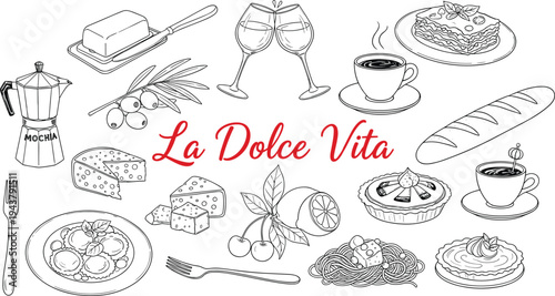 Italian Food Hand Drawn Illustration with Pasta Pizza Coffee Bread Cheese and La Dolce Vita Lettering Vector Set