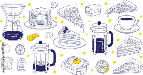 Hand Drawn Cafe Food Illustration Set with Coffee Pizza Pancakes Cake and Breakfast Desserts Vector Collection