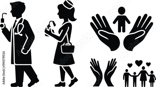 Medical healthcare set featuring doctor and nurse silhouettes with caring hands protecting a child and family icons on white background.